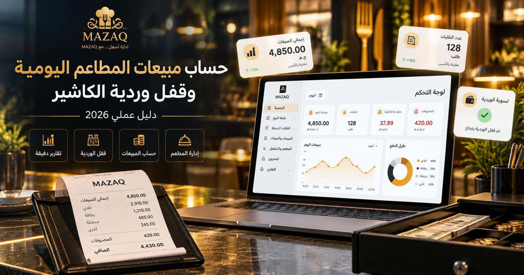 حساب مبيعات المطاعم اليومية وقفل وردية الكاشير | دليل 2026